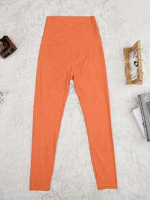 Solid Overlap Waistband Leggings - Orange - View 7