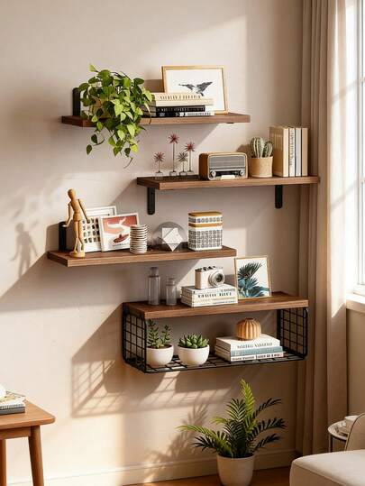 Estantes flotantes de 4+1 niveles, estante de pared de madera rústica, 4 PCS estantes de baño sobre inodoro con cesta de alambre, Estantería de almacenamiento moderna para el hogar,decoración de pared rústica para dormitorio, cocina, sala de estar y plantas