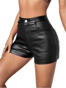 Women's Faux Leather High Waist Stretchy Shorts Bodycon BottomA Valentine's Day VV0S - 黑色 - 查看 1
