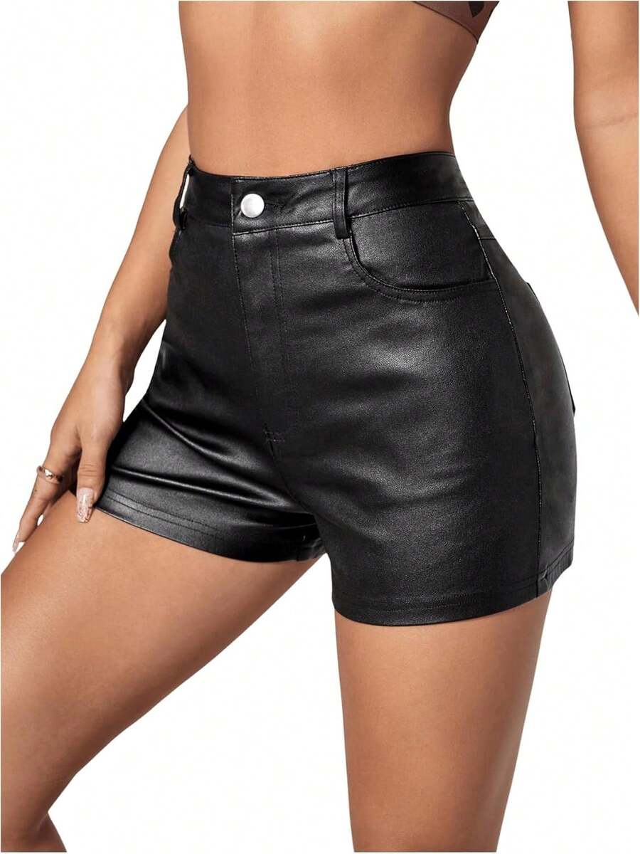 Women's Faux Leather High Waist Stretchy Shorts Bodycon BottomA Valentine's Day VV0S - 黑色 - 查看 1