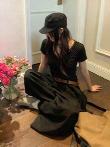 蕾丝波点短袖V领修身套头衫，女士休闲黑色夏季款 - 黑色 - 查看 5