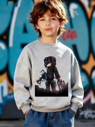 Teen Boy Anime Character Pattern Printed Warm Round-Neck Sweatshirt - Comfortable Long-Sleeved Casual Pullover, Machine Washable, Daily Essential, Loose Style, Suitable For Both Boy And Girls, Street Style, Suitable For School, Vacation, Shopping, Sports And Other Occasions