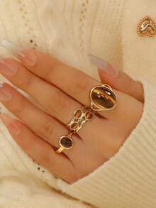 Bộ 3 chiếc nhẫn hình bầu dục màu hổ phách cổ điển, thiết kế độc đáo, bất đối xứng, họa tiết ngẫu nhiên, phụ kiện nhẫn hở cao cấp, bộ quà tặng trang sức. - 4152 - Xem 22