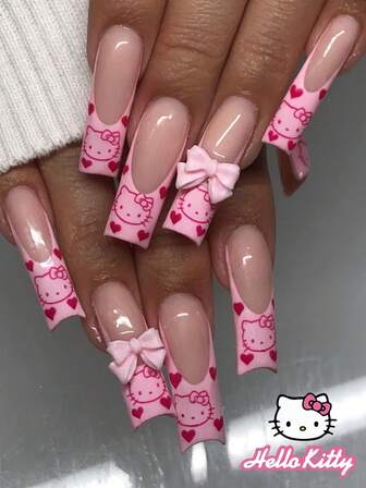  24PCS Long Square Nail False Nail Sanrio Valentine's Day Pink Love Hello Kitty Jewelry Stereo Bow Cute Chrome Alloy Acrylic Press On Nail Gel Nail Art Nail Set (Attached: A Piece Of Jelly Gel And File) Suitable For Women's Daily Dating Party