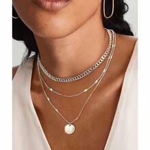 Layered Silver Necklaces For Women Sterling Silver Stackable Stack Choker Necklaces For Women  Layering Circle Pendant Chain Necklace Set Jewelry For Women - Đồng xu - Xem 2