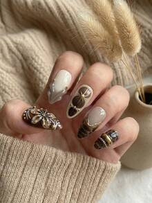 美甲大改造 – Y2K 10片装秋冬中长杏仁形手工按压式美甲贴片，棕色渐变波点法式美甲贴片，饰以手绘花朵和水滴形银色3D浮雕、链条、仿珍珠和银珠3D装饰，可拆卸可重复使用美甲套装（包含美甲胶水和指甲锉） – 美白哥特风优雅可爱圣诞美甲用品 - 鏽棕色 - 查看 4