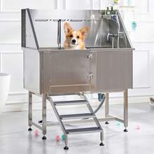 Stainless Steel Dog Washing Station With Anti-Slip Steps, Sprayer, Faucet, And Soap Box – Professional Pet Bathtub For Medium And Small Pets, Ideal For Home, Garage, And Grooming, Left Ramp