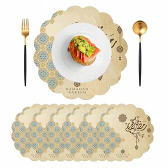 1pc/Set Bohemian Floral Pattern, Ramadan Golden Linen Flower Shaped Placemat, 38cm Round Seasonal Kitchen Dining Table Decor, Ramadan Home Decor, For Party, Gathering, Family Meal