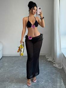 女士性感优雅挂脖比基尼，饰有3D玫瑰花，侧边系带下装，高弹力半透明沙滩装 - 黑色 - 查看 2