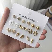 9pcs/Set Fashion Flower Leaf Butterfly Stud Earring Set For Girls Classical Heart Earrings Friendship Jewelry Gifts Party Graduation Gift - Multicolor - View 15