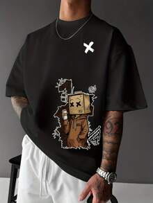 Men's Cartoon Print Round Neck Casual Versatile Commute Short Sleeve T-Shirt - Black - View 1