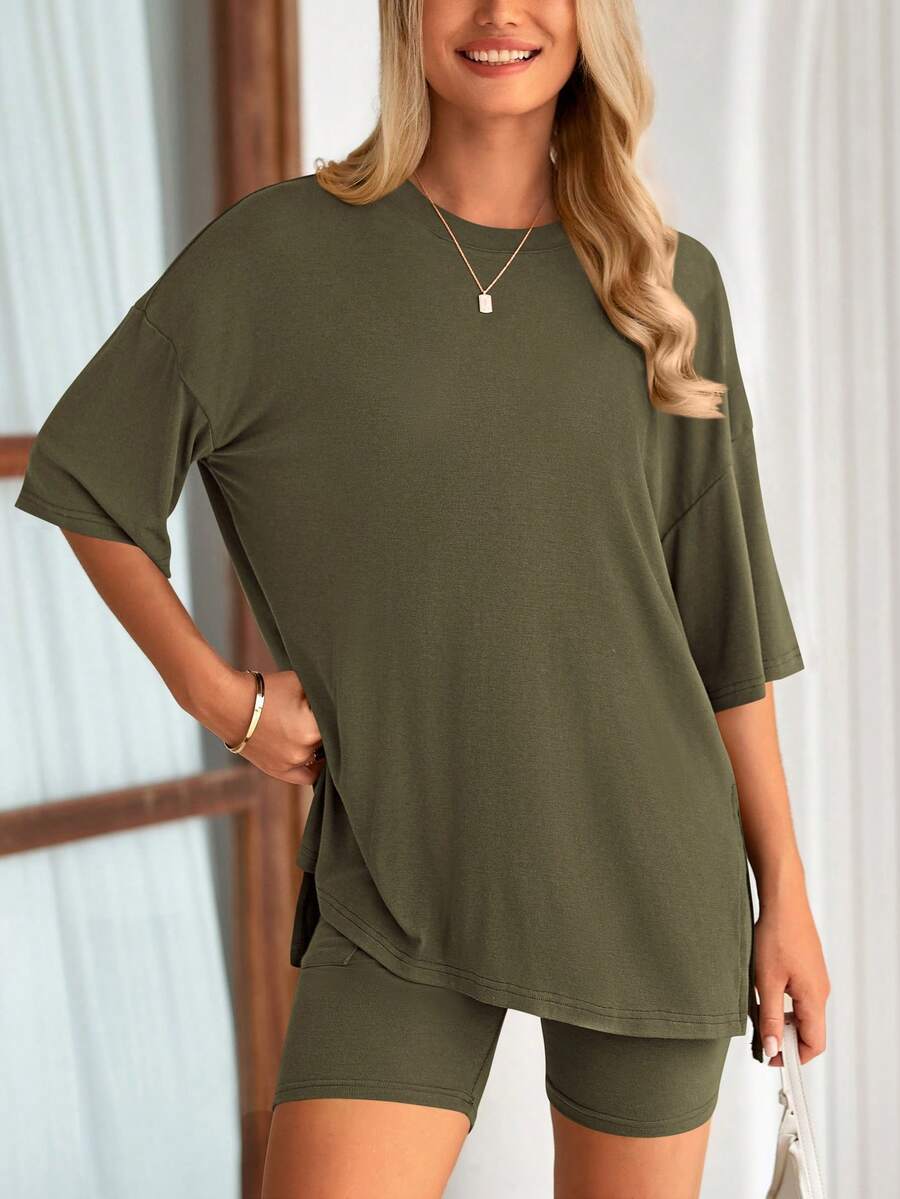 PRETTYGARDEN Women's Summer Clothes 2 Piece Sets Lounge Set Casual Oversized Shirts Biker Shorts Matching Airport Travel Sweatsuit Set Women Vacation Outfit Army Green Summer Brunch Outfits For Women - 軍綠色 - 查看 1