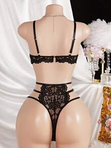 Hollow Lace Sexy Jumpsuit - Adjustable Spaghetti Straps - Black - View 3