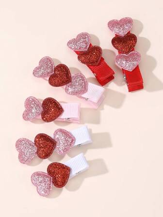 6pcs/Set Girls Shiny Heart Shaped Hair Clips Set, Suitable For Valentine's Day Decoration And Daily Use