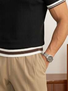 男士圆领罗纹休闲百搭通勤针织短袖上衣 - 黑色 - 查看 6