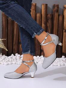 Giày cao gót quai ngang mắt cá chân cho bé gái - Giày khiêu vũ lấp lánh dự tiệc, giày cao gót mũi kín thanh lịch, phù hợp cho các sự kiện trang trọng, thoải mái và thời trang. - Bạc - Xem 4