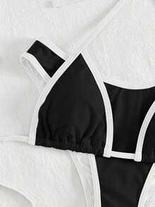 PEPPERMOLLY 新款纯色柔软系带性感比基尼，女士时尚泳装，适合夏季海滩度假 - 黑白 - 查看 4