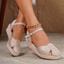 Nuevas sandalias de plataforma y cuña tejidas de moda casual para mujer - Albaricoque - Ver 10