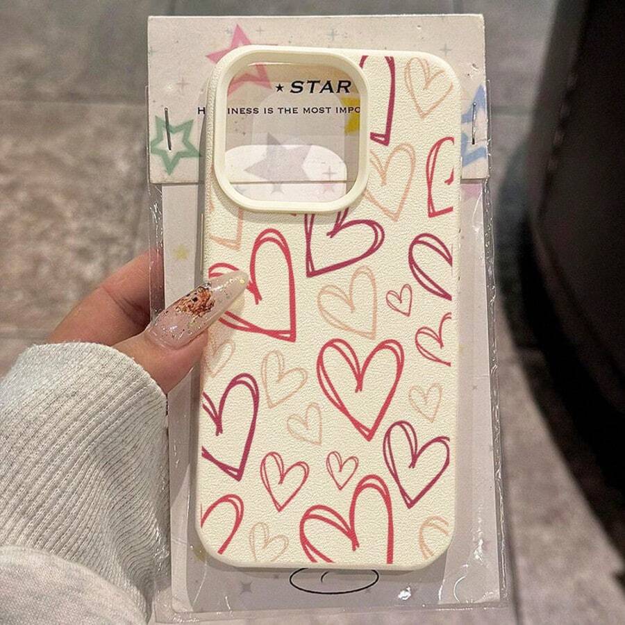 1pc TPU Material Soft Handpainted Heart Pattern Phone Case Compatible With Apple 17 Pro Max/17/16 Pro Max/15/13/12/11, S20 FE/A15/S24/A55, Redmi Note 11/12/13 Pro, Full Coverage Anti-Drop Soft Protective Phone Cover - White - View 1