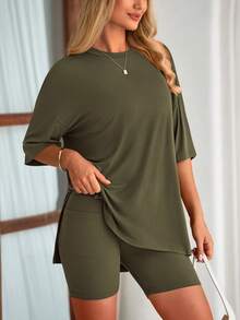 PRETTYGARDEN Women's Summer Clothes 2 Piece Sets Lounge Set Casual Oversized Shirts Biker Shorts Matching Airport Travel Sweatsuit Set Women Vacation Outfit Army Green Summer Brunch Outfits For Women - 軍綠色 - 查看 3