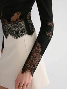 Women Long Sleeve Crew Neck Tops Lace Patchwork Basic Slim Fit T Shirts Y2K Party Club Blouse - Black - View 6