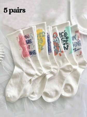 5 Pairs Aesthetic Graphic Socks For Women/Men - Letter Print Crew Socks Casual Daily Socks