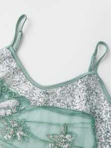 Womens Sequin Butterfly Beaded See Through Cami Tank Top Y2k Sparkly Floral Sleeveless V Neck Loose Fit Sheer Camisole Crop Tops Summer Backless Pearl Embellished Vests Shirts Bling Glitter Rhinestone Going Out Tops Beach Party Club Wear - 薄荷綠 - 查看 5