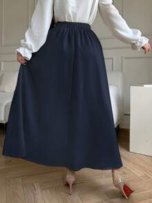 abyoxi Women's Solid Color Elegant High-Waisted Pleated A Line Midi Skirt Fall Winter Fashion Simple Casual Daily Commute Office Half Skirt - Navy Blue - View 2