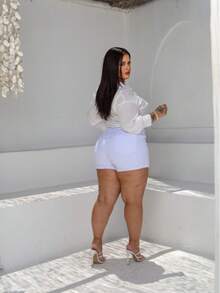 Women's Plus Size White Denim Shorts With Lycra, High Waist, Drawstring, Casual, Elegant, Sensual, Denim, No Shorts, Holiday, Wedding, Night - trắng - Xem 3