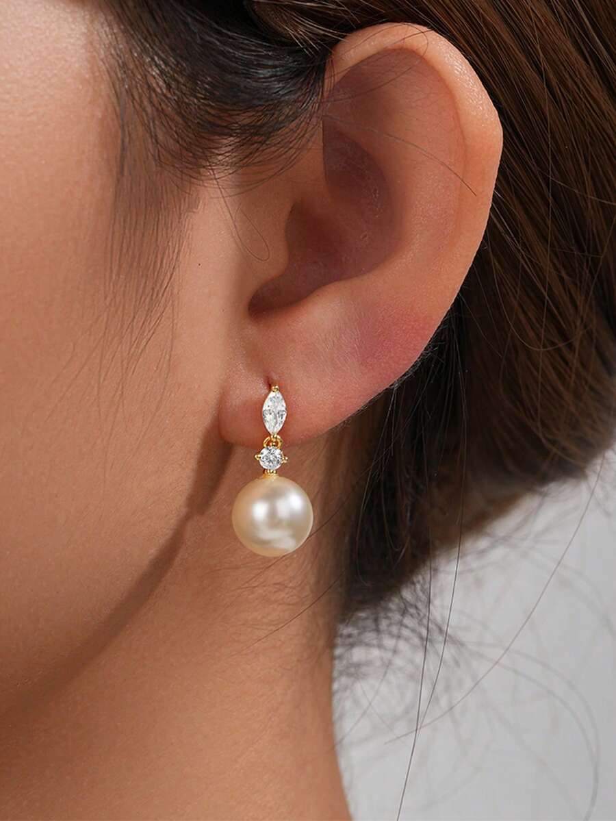 2pcs Pearl 925 Sterling Silver Earring Women Classic Drop Earring Thread Piercing For Daily Wear Daily Wear Wedding Party Engagement Fine Jewelry - Gold - View 1