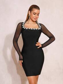 Sexy Square Neck Rhinestone Flower Design High-End Short Skirt Mesh Splicing Slim Fit Bodycon Dress Women's Party Gowns Banquet Party Gowns