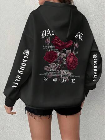 Plus Size Women's Daily Rose Flower Bud English Gothic Font Decorative Text Pattern Graphic Hooded Long Sleeves Casual Spring/Summer/Fall Women's Plus-Size Long-Sleeved Hoodie Sweatshirt Halloween Going Out Tops Women,Vacation Outfits Women