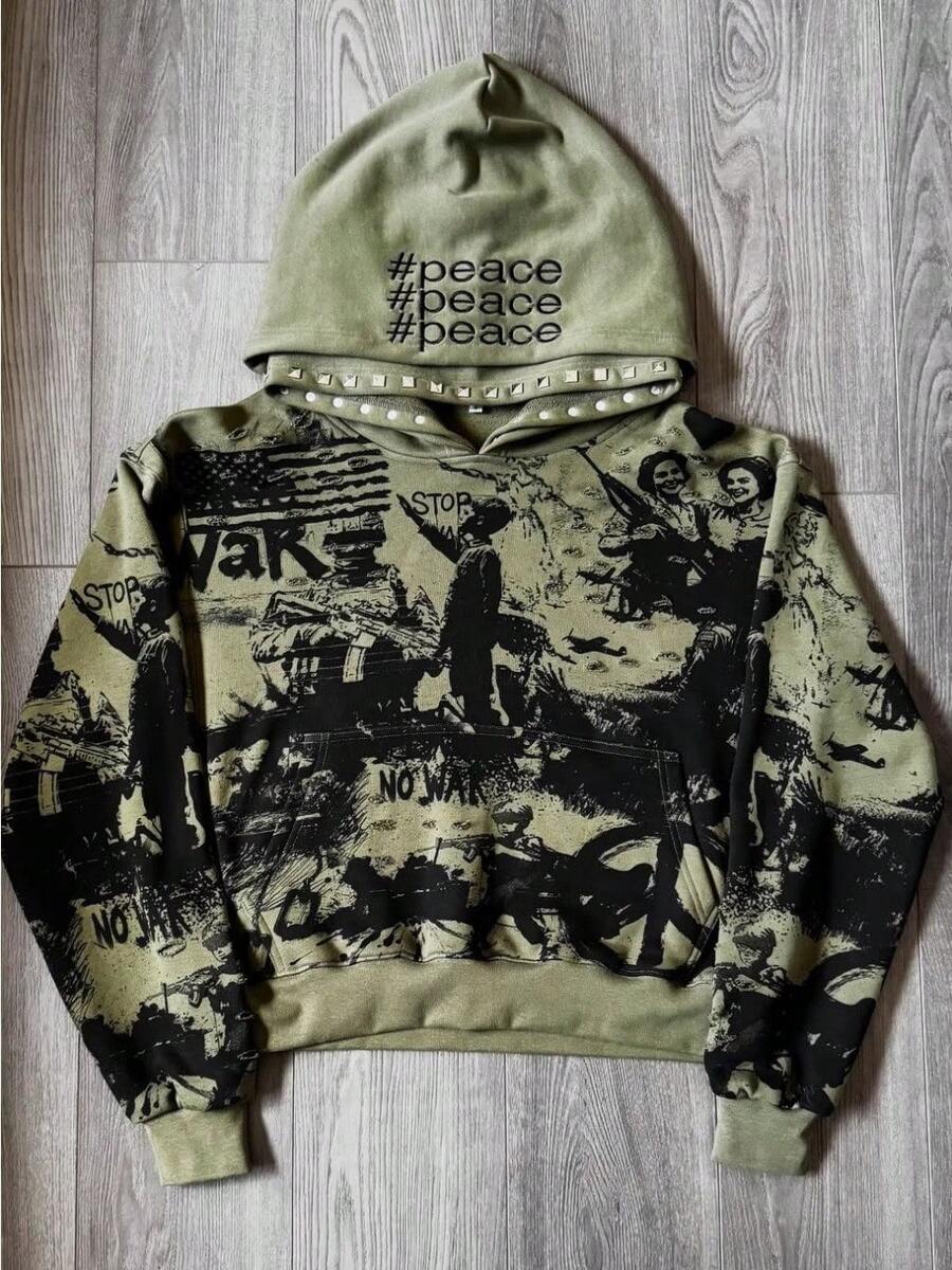 Autumn And Winter New Street Hip-Hop Pullover Sweater Printed Hoodie Casual Pocket Top - 墨綠色 - 查看 1