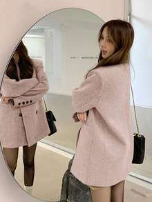 Y6Y 2025新款复古人字纹双排扣羊毛夹克，宽松休闲优雅女士西装外套，秋季款 - 粉色 - 查看 2