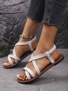 弹性交叉平底凉鞋，休闲沙滩凉鞋，度假人字拖，夹趾凉鞋 - 米色 - 查看 5