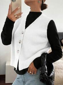 Women's Casual Solid Color V-Neck Long Sleeve Button-Up Knit Vest, Suitable For Spring And Autumn Outfits - White - View 4