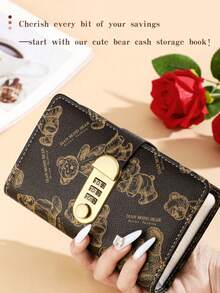 可爱小熊图案密码锁现金笔记本，2026年计划本，圣诞礼物，男士办公用品，快速发货，50个口袋，防水耐用封面，加宽书脊，固定内页，大容量收纳笔记本 - 彩色 - 查看 1