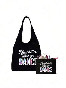 Dance Pattern Printed Travel Tote Bag And Makeup Bag Set, Large Capacity Tote Bag, Personalized Gift Bag, Travel Storage Bag, Fashionable Handbag, Portable Shoulder Bag, Lightweight Shopping Bag With Leisure Cosmetic Bag, Beach Bag, Simple Coin Purse, Toiletry Bag, Travel Essentials, Perfect Gift For Dancer, For Daily Use, Dating, Vacation, Commutin, Christmas, New Year, Valentine'S Day Gift