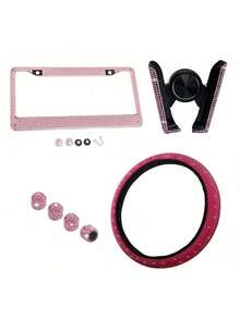 Conjunto de 4 Peças de Acessórios de Carro com Diamantes, Volante de Carro com Diamantes, Suporte de Telefone com Diamantes, Conjunto de Acessórios Internos de Válvula de Corrida com Diamantes, Conjunto de Acessórios de Carro Cintilantes com Diamantes