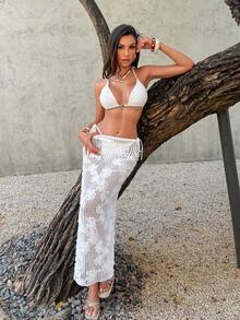 3件套女士白色波西米亚风优雅挂脖比基尼套装，配刺绣薄纱针织罩衫，适合日常穿着、海滩度假、情人节婚礼及其他场合。 - 白色 - 查看 6