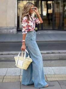 Women's High Waist Wide Leg Jeans, Slimming And Versatile, Elegant For Commuting - Light Blue - View 2