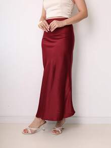 Women's Long Satin Skirt, High Waist. - 酒紅色 - 查看 2