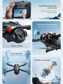 无刷电机无人机，4.3英寸图像传输屏幕遥控器，电动镜头，全方位避障光流悬停，一键降落，四轴飞行器 - 彩色 - 查看 3