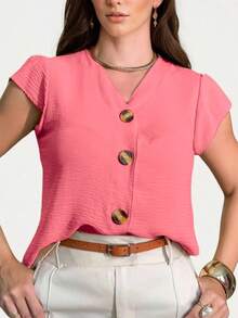 Women's Short-Sleeved Blouse/Shirt In Duna Fabric With Buttons, New 2025, European And American Style. - Watermelon Pink - View 4