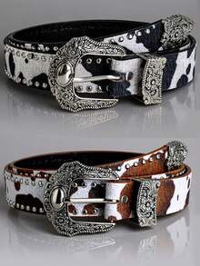 1条奶牛纹铆钉西部风格皮带，男女通用，复古休闲百搭，适合年轻人，Y2K风格，可搭配牛仔裤，适合日常穿着、派对、节日和送礼。 - A - 查看 7