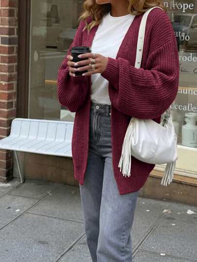 Cárdigan de mujer de manga larga con hombros caídos y unicolor, adecuado para uso diario en la oficina