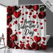 Cortina de chuveiro com estampa digital de coração, pétalas de rosa e carta para o Dia dos Namorados, resistente a mofo e à prova d'água, com 12 ganchos de plástico e ilhós de metal. Acessório de banheiro durável e resistente.