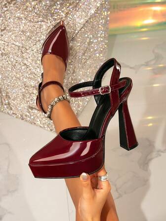 1 Pair Elegant Solid Color PU Leather Platform Thick Sole Pointed Toe Hollow Out High Heel Pumps For Women, Suitable For Outdoor Wear All Seasons