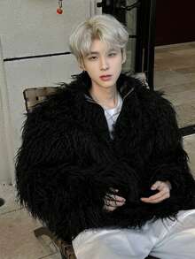 Autumn And Winter Styles, Faux Mink Fur, American Style, Street Style, Solid Color, Vintage, Ripple, Long Hair, PU Leather, Warm, Faux Fur, Cotton Jacket, Men's Coat - Black - View 2