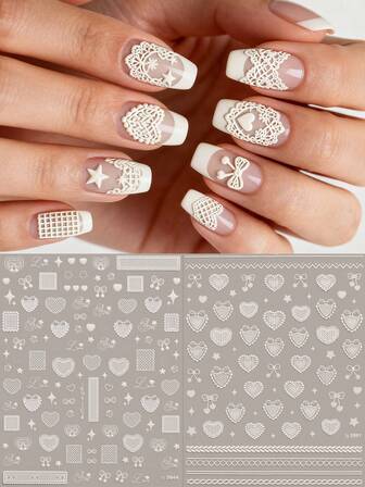 2 piezas Pegatinas de arte de uñas con corazón pequeño en relieve con encaje, diseño simple blanco, pegatinas artísticas, acabado exquisito 5D, para el Día de San Valentín, festival de música, temporada de bodas, tema de carnaval, decoración de uñas fácil de aplicar, manualidades, regalo, maquillaje para fiesta de bodas, Y2K